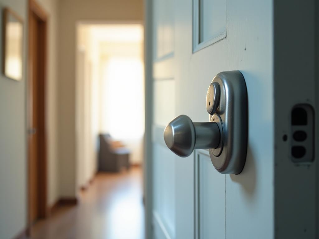 Close view of a secured front door and lock in a quiet residential hallway