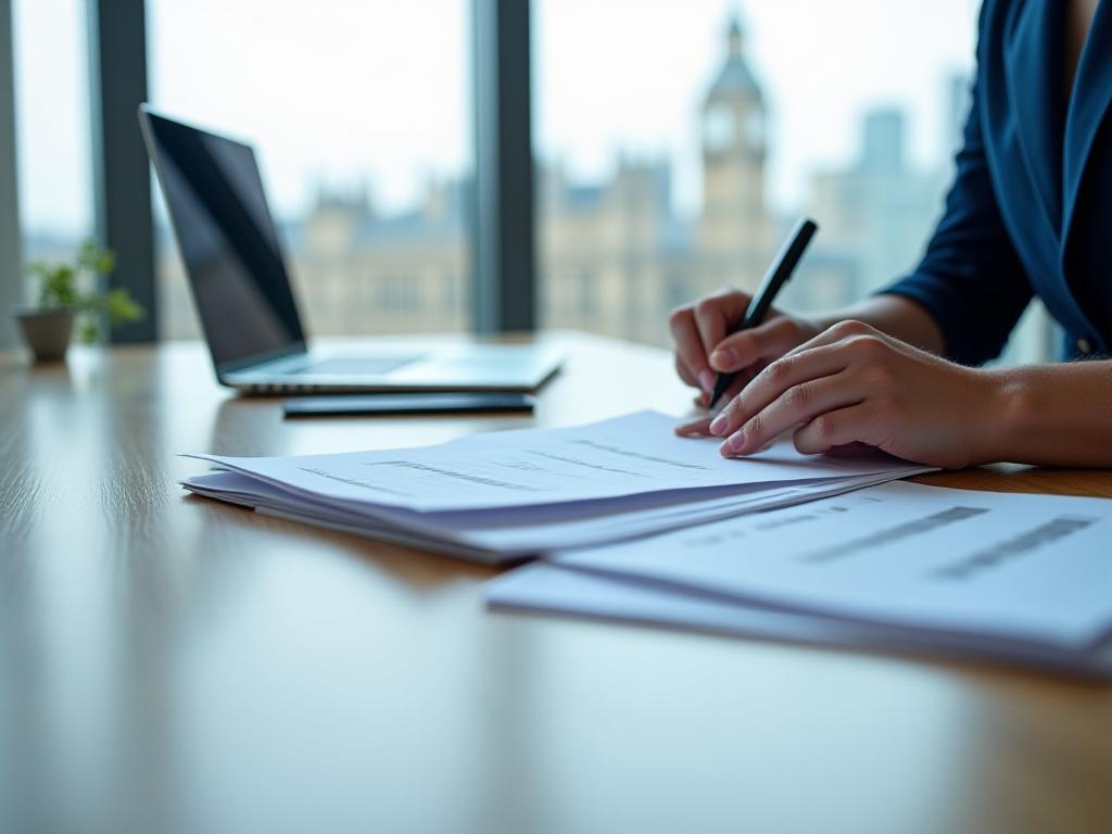 A person preparing notes for an employment law enquiry at a desk beside a London office window