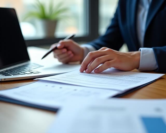 Legal adviser reviewing a short contract and fee notes beside a laptop in a London office