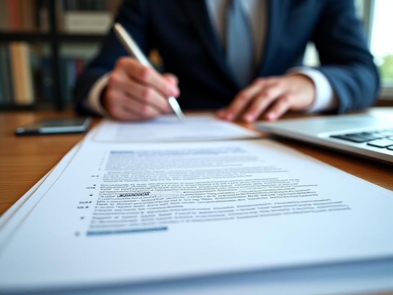 A solicitor reviewing a long residential lease, marked-up clauses and a lease plan at a desk
