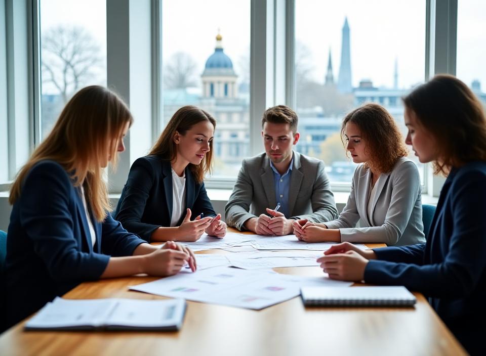 Small group of London professionals reviewing papers together around a meeting table in a light-filled office
