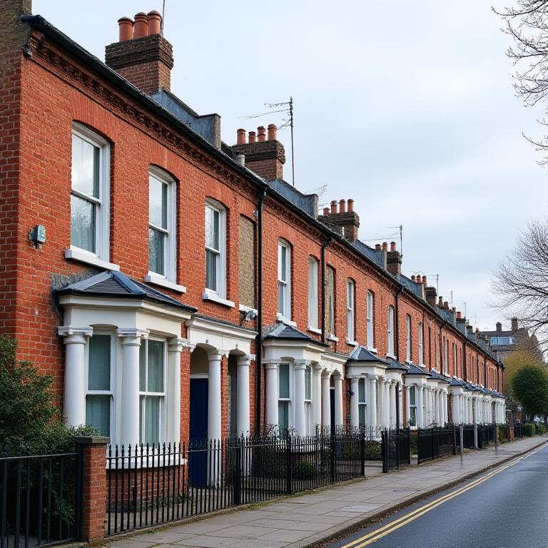 A row of London terraced homes with brick façades, sash windows and front doors along a quiet residential street