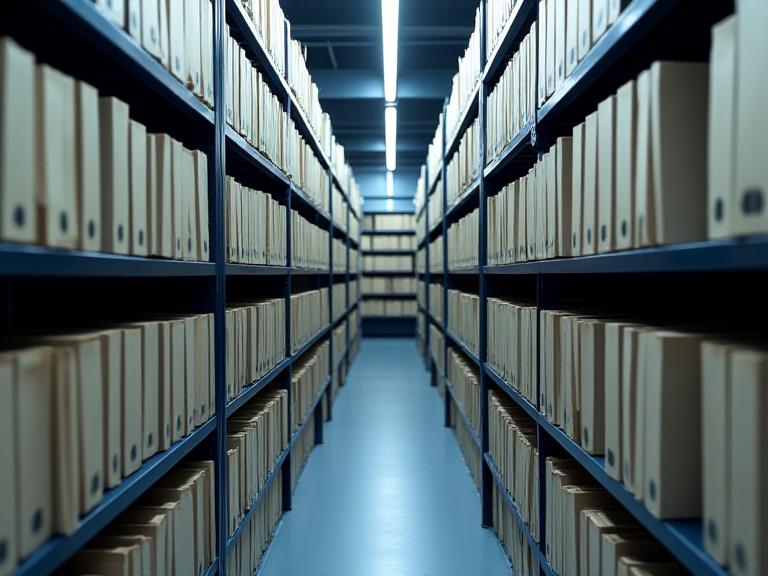 Organised legal case files stored in labelled archive boxes on shelves in a secure records room
