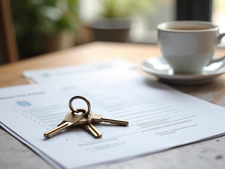 House keys beside estate-agent particulars and a purchase checklist on a table in a South London home