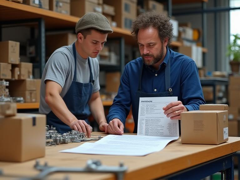Small workshop owner checking boxed components against a supplier delivery sheet on a workbench
